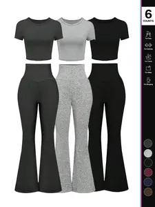 Women's Solid Loungewear Set, Casual Short Sleeve Crop Top & High Waist Flare Leg Pants, Ladies Sleepwear for All Seasons, Pajama Set