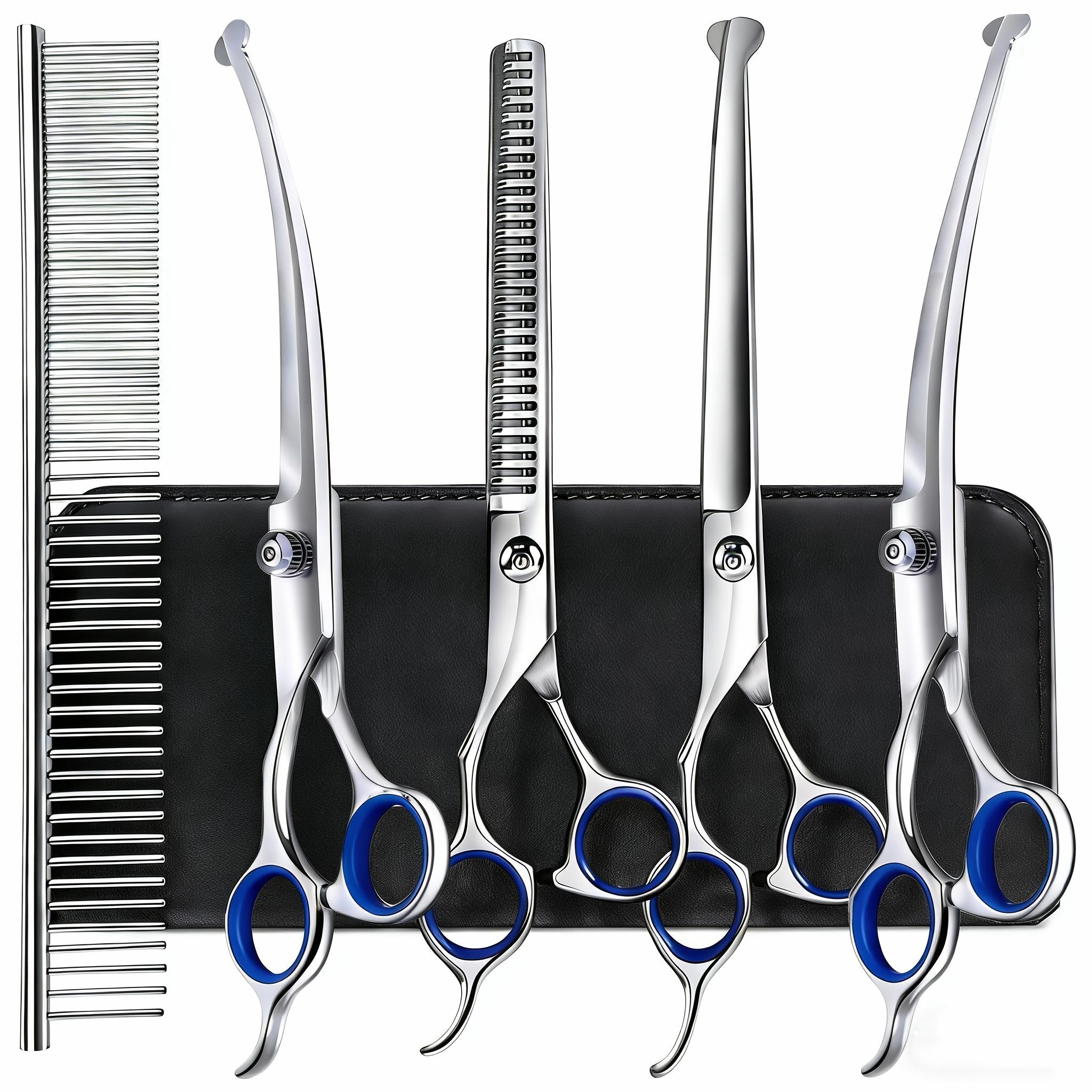 7-in-1 Professional Stainless Steel Dog Grooming Scissors With Safety Round Tip, Titanium Coated Heavy Duty Dog & Cat Grooming Scissors Set With Straight & Thinning & Curved Scissors & Comb, Pet Grooming Scissors Kit For Dogs, Cats & Other Animal