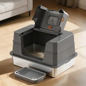 Stainless Steel Enclosed Litter Box with Lid, XL Extra Large Top Entry Metal Litter Box for Big Cats, High Sided Anti-Leakage Easy Cleaning with Mat and Scoop, Dark Grey