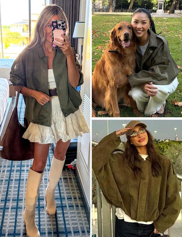 HVEWARM Women's Faux Suede Bomber Jacket Fall Winter Lapel Pilot Coat Casual Oversized Long Sleeves Zip Up Trendy Streetwear Outerwear Soft Luxe Look Classic Trendy Twist