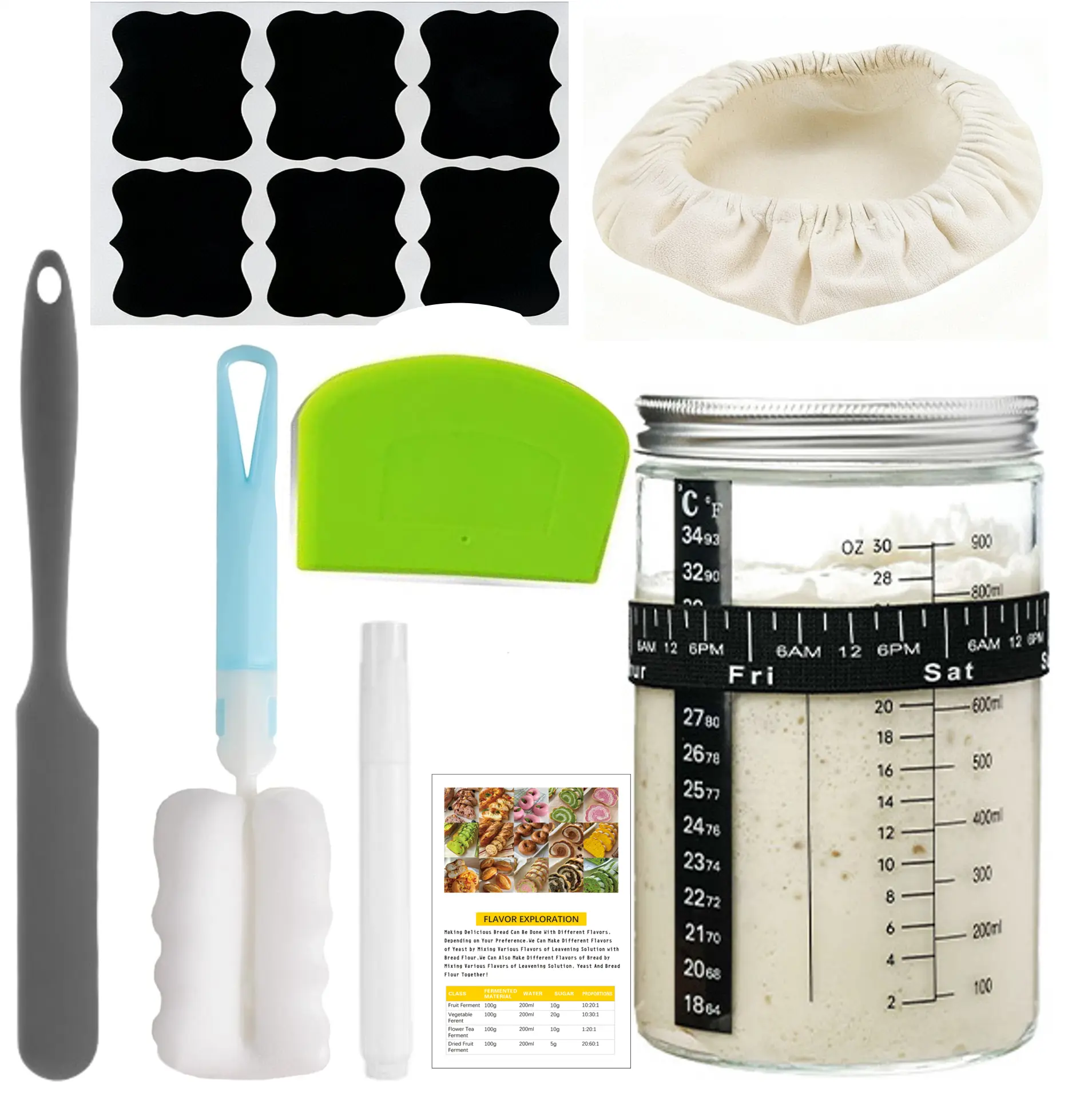 32 Oz/ 900Ml Wide Mouth Pro Lidded Sourdough Starter Glass Jar Kit, Kitchen Utensil Set for Organized Kitchen - Includes Feeder Band, Thermometer, Silicone Spatula, Cloth Cover, Sponge Brush, Blackboard Stickers, Erasable Pen, Easy to Clean