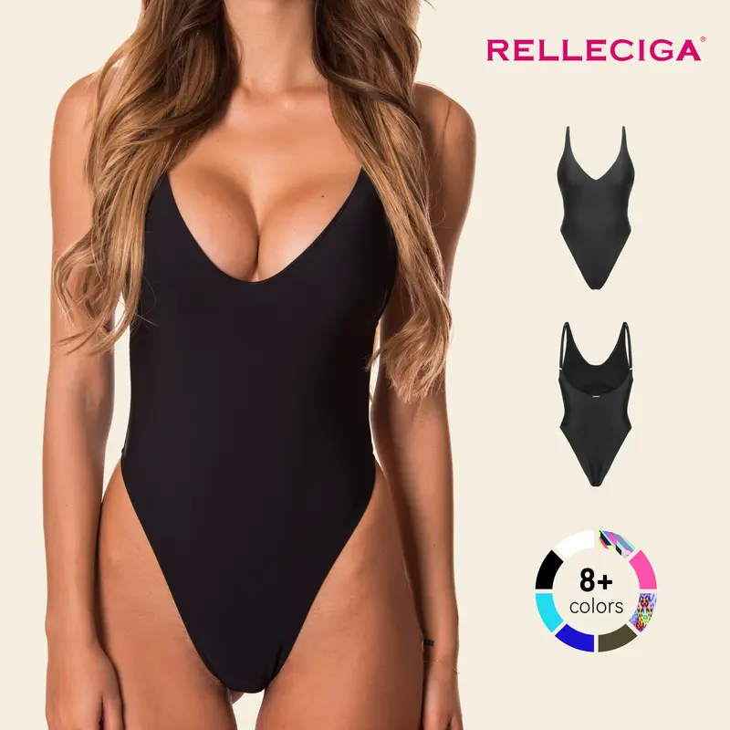 RELLCIGA Women's Sexy Thong Monokini Shapewear Swimsuit - Plunging V-Neck, Low-Cut Back, High-Cut Legs, Tummy Control Bodycon, Removable Pads, 2026 Sculpting Swimsuit, Adjustable, Anti-Odour, Breathable (Back To School)