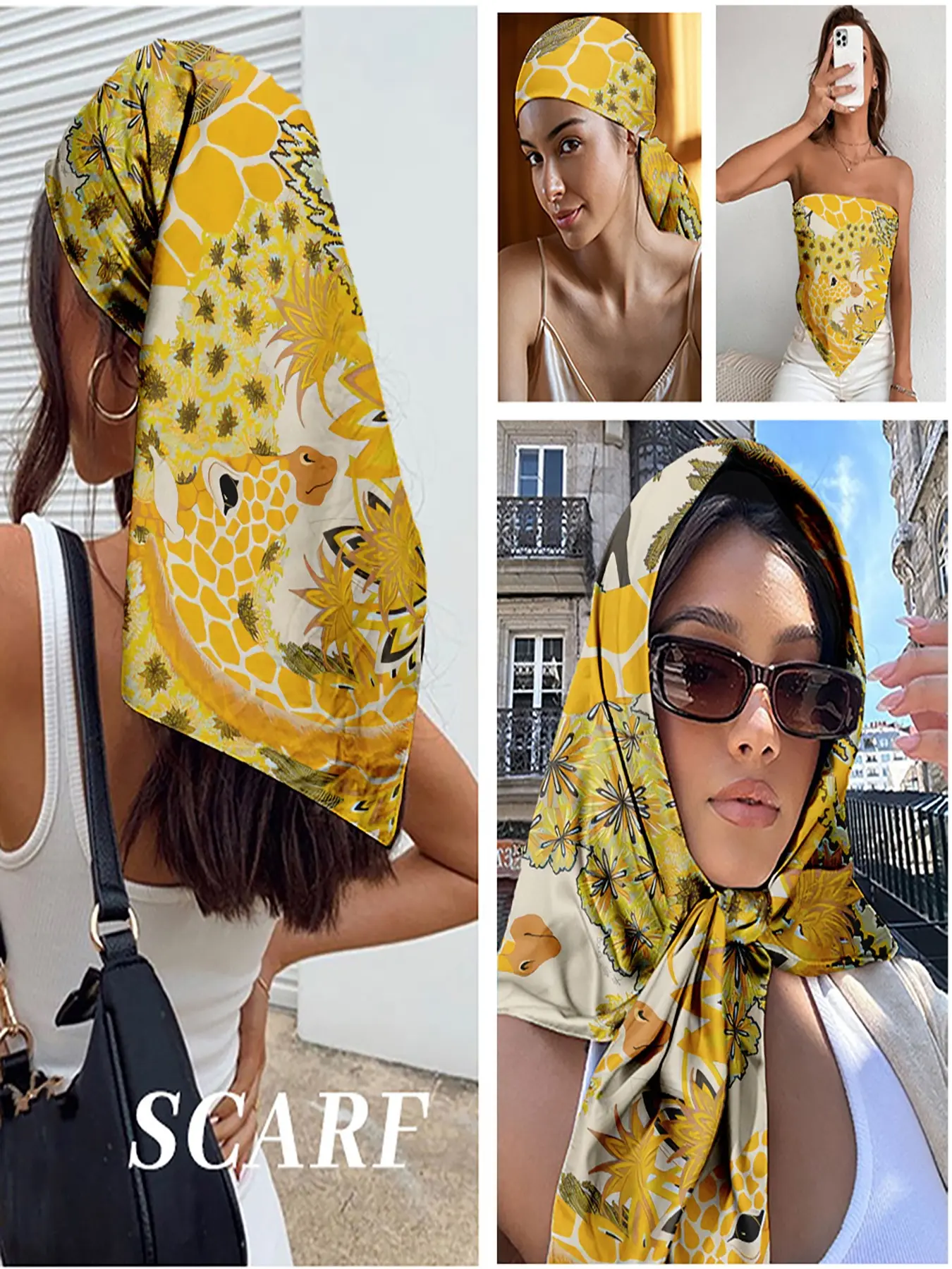 Vibrant Safari Giraffe Print Square Scarf – Satin Headwrap, Bandana & Neck Scarf for Summer Beach, Festival & Vacation Outfits, Lightweight Fashion Accessory for Spring/Summer Holidays