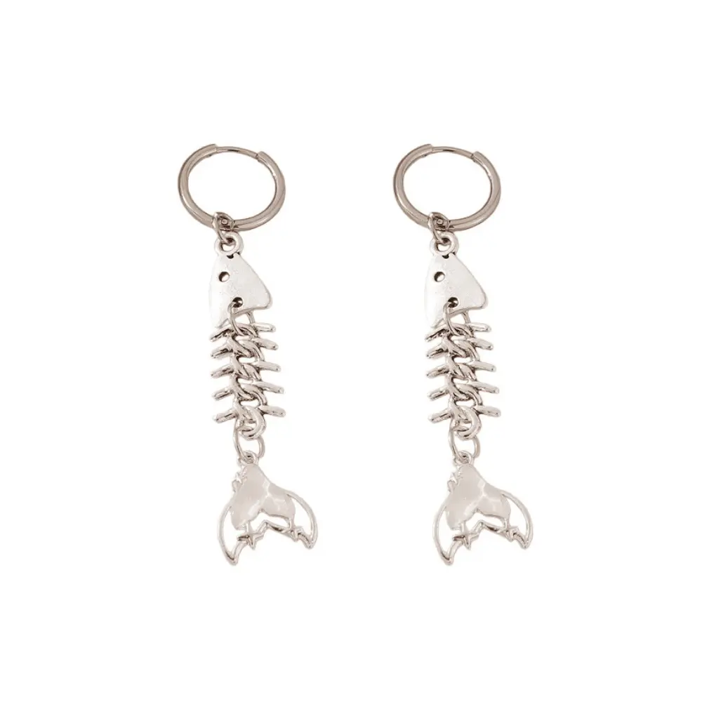 White Resin Tailed Fishbone Dangling Huggie Hoop Earrings - Pair - Stainless Steel