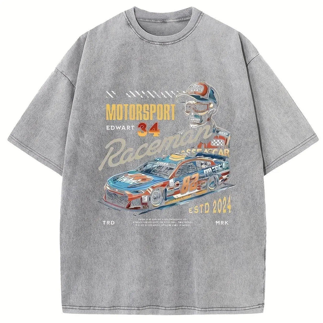 Women's Oversized Motorsport Graphic T-Shirt in Heavyweight Cotton Fabric, Unisex Vintage Wash Drop-Shoulder Streetwear Top, Round Neck