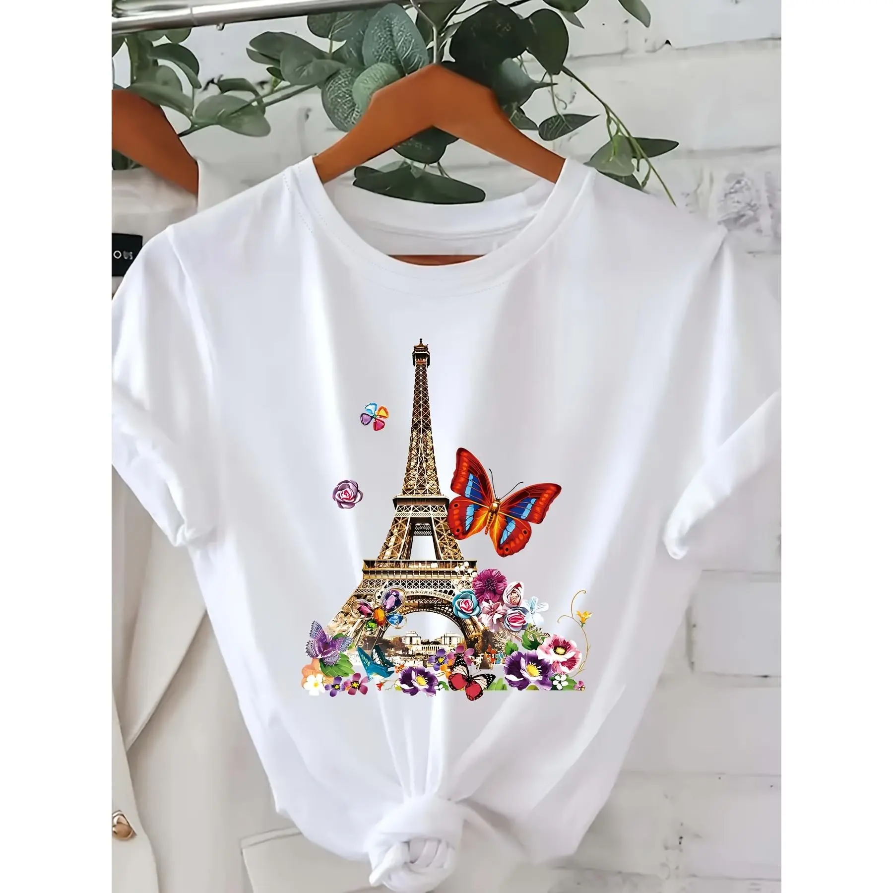 Paris Theme Graphic T Shirts for Women, Casual Short Sleeve Cotton Top with Round Neck, Comfy OOTD Wardrobe Basics, Tshirt, Tops, Clothes, Paris Print