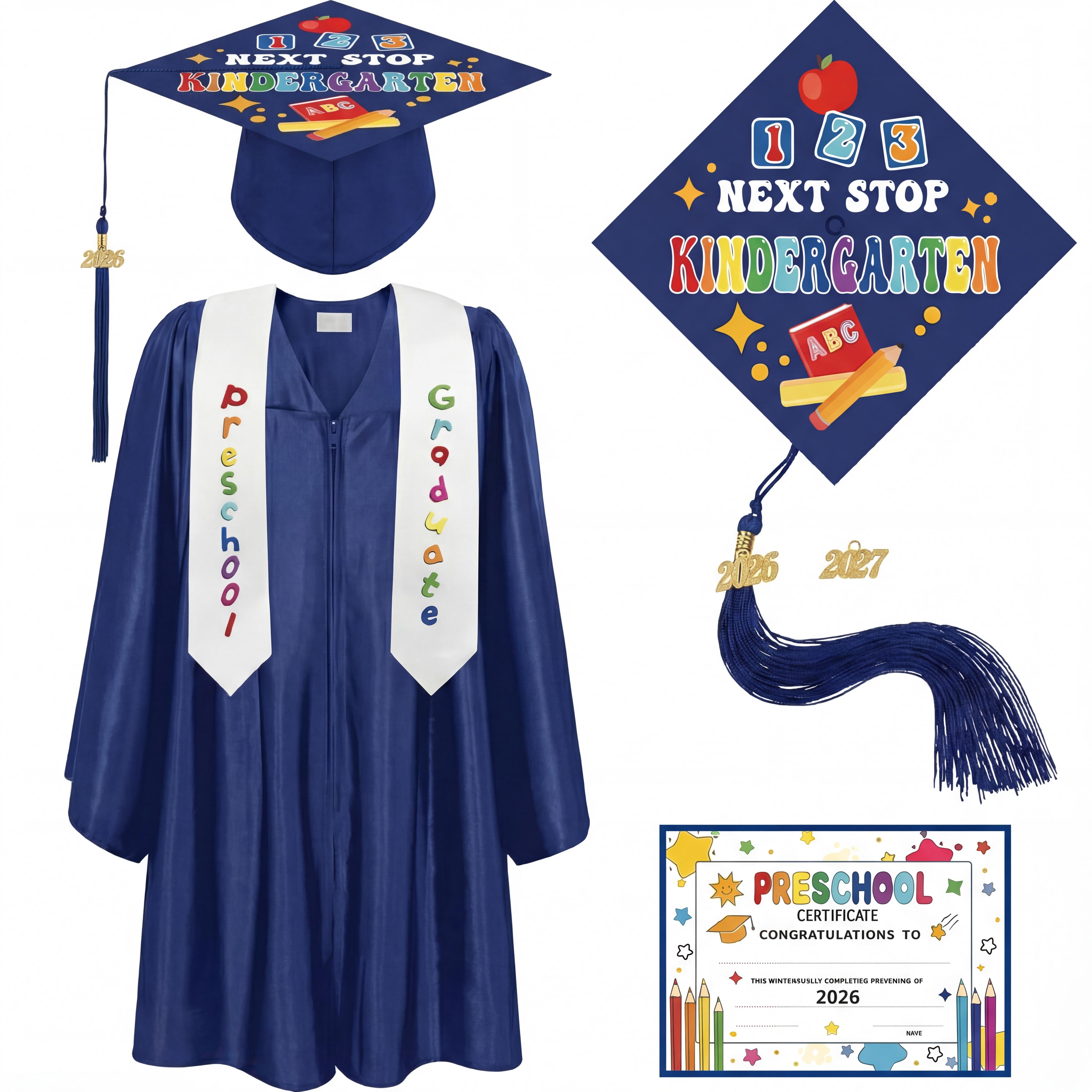 4 pcs Kindergarten Preschool Class Graduation Gown Set Cap Gown Stole with 2026 Tassel and Certificate for Toddler Kids Classmates or Friends Student Graduation School Supplies