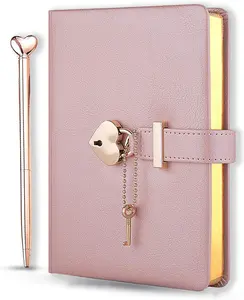 Heart Shaped Lock Diary with Key PU Leather Cover Journal Personal Organizers Secret Notebook for Girls & Women B6 Size 5.3x7inch Diary with Rose Gold Metal Ballpoint Pen (Pink)
