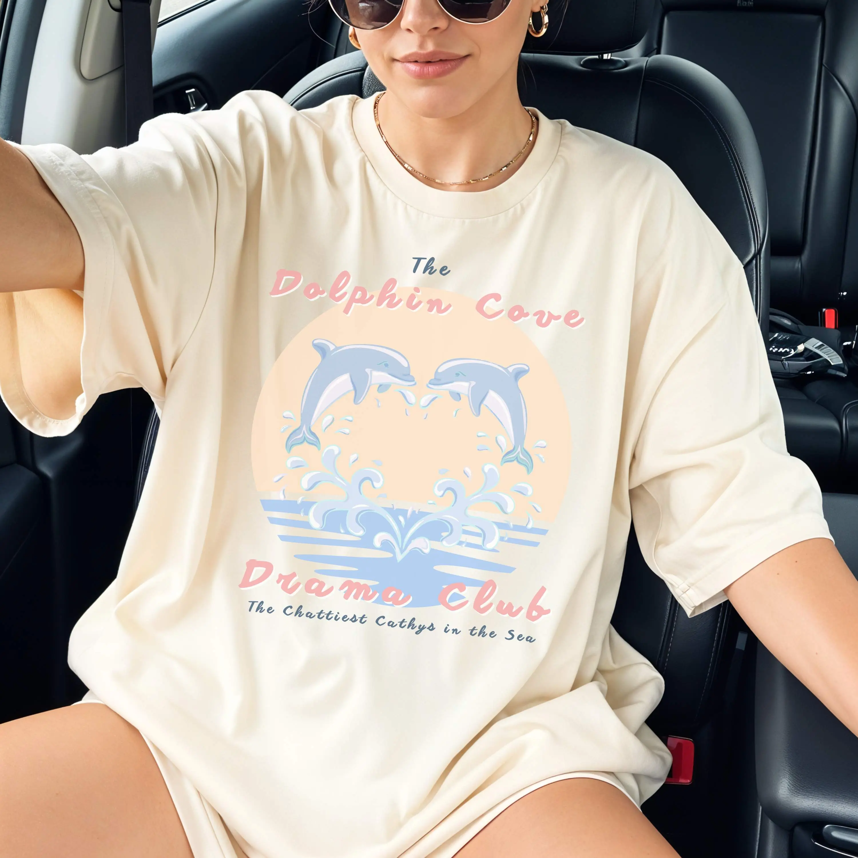 Dolphin Cove Drama Club Coastal Pastel Tee - Soft Y2K Inspired Tshirt for Women & Girls Ocean Lover Streetwear Casual USA Top