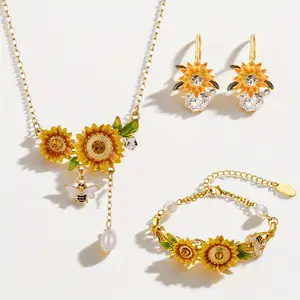 Charming Sunflower Necklace, Bracelet, and Earrings Set - Elegant Dainty Design with Hypoallergenic Materials - Beautiful Enamel and Zircon Accents - Ideal for Casual Outfits - Perfect Gift for Nature Lovers