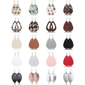 Sanfenly 20Pairs Lightweight Faux Leather Earrings Set for Women Teardrop Dangle Leaf Leopard Print Styles with Silicone Backings Perfect Gift