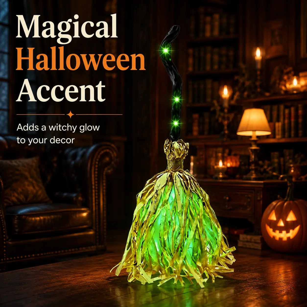 LED Glowing Motion-Activated Musical Raffia Witch Broom Mop - Halloween Festive Decor, Indoor-Outdoor Party Ornament, Home Supplies Gift