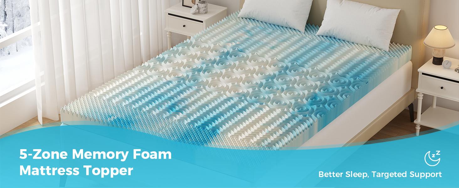 2 Inch Memory Foam Mattress Topper Full, 5-Zone Cooling Gel Infused Pressure Relief Bed Topper for Back & Hip Pain, Soft Dorm RV Camping Mattress Pad