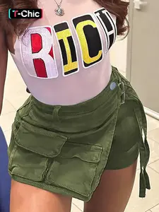 Women's High Waisted Olive Green Denim Skort, Cargo Pocket Wrap Tie Detail Butt Lifting Bottoms, Trendy Y2K Edgy Stretchy Fitted Casual Shorts for Club Outfits, Music Festivals, Streetwear & Summer Party Looks Womenswear