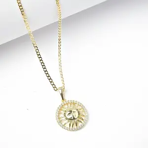 14K Laminated Gold Sun Pendant Necklace 2MM - Radiant Design with Sparkling Stones for Elegance and Modern Style - 16 18 22 Inch Chain Included
