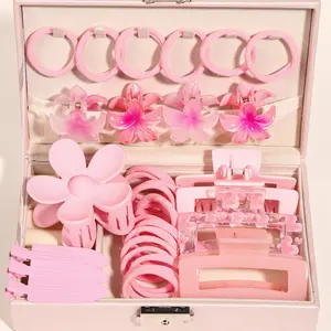 31pcs multi-functional pink lady beauty dress hair accessories tool suit, flower-shaped hair claw flower hair accessories, soft elastic hair ring hair rope, love printing square hair clip, side seamless hair clip