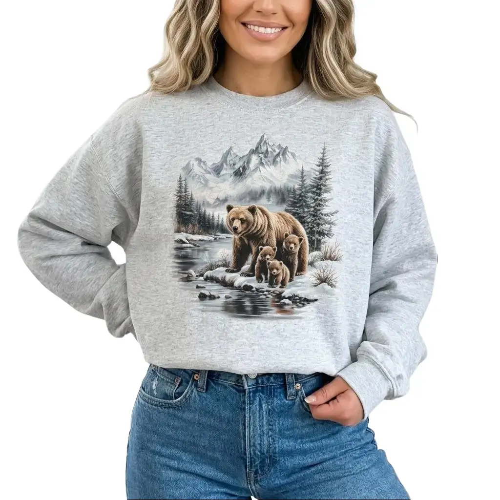 Retro Grizzly Bear Mama and Three Cubs Mountain Scene Sweatshirt - Nineties 90s Brown Bears Cotton Retro Grizzly Bear Mama and Three Cubs Mountain Scene Sweatshirt - Nineties 90s Brown Bears Cotton