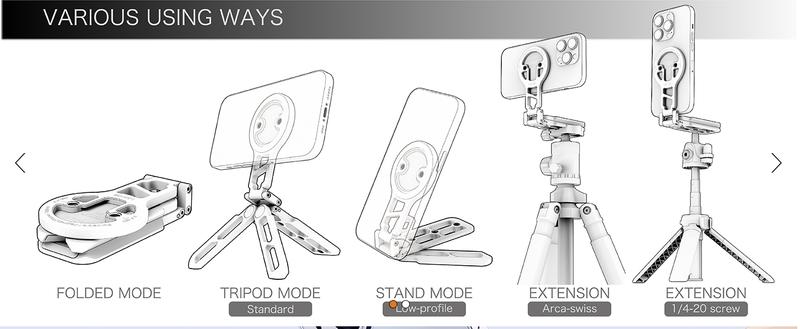 CAMOLO Magnetic Pocket Phone Tripod Foldable Stand with Hook, MG-07/MG-05G Phone Holder Compatiable with Magsafe for iPhone 16 15 14 13 12 Pro Max Plus Series, 1/4" Screw Tripod Mount, 2-in-1 Dual Magnetic for iPhone 15/14/13/12 Plus Pro Max Series / ipad