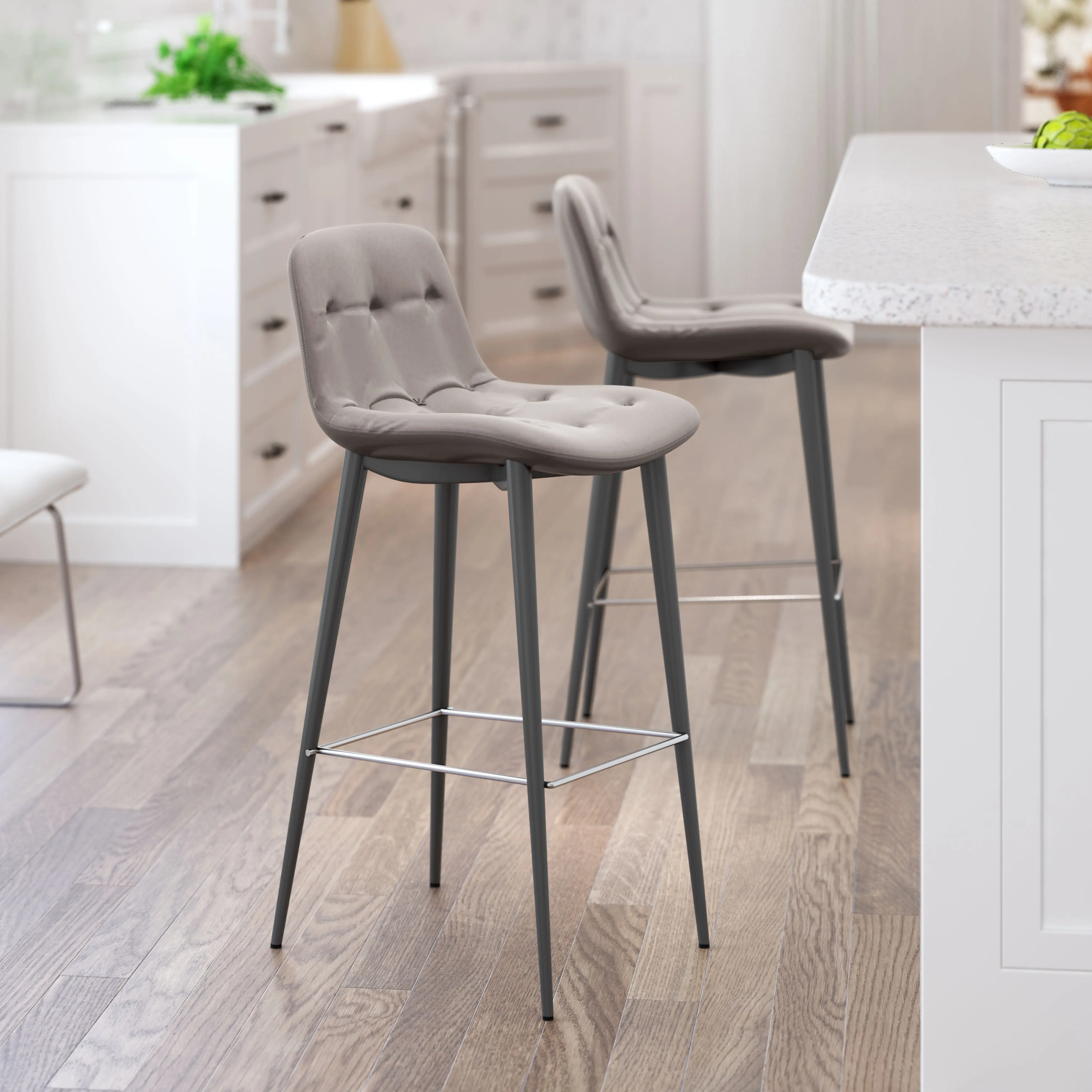 Tangiers Barstool Set of 2 Taupe Ergonomic Design with Tufted Seat & Modern Pencil Legs for Kitchen Islands or Bars