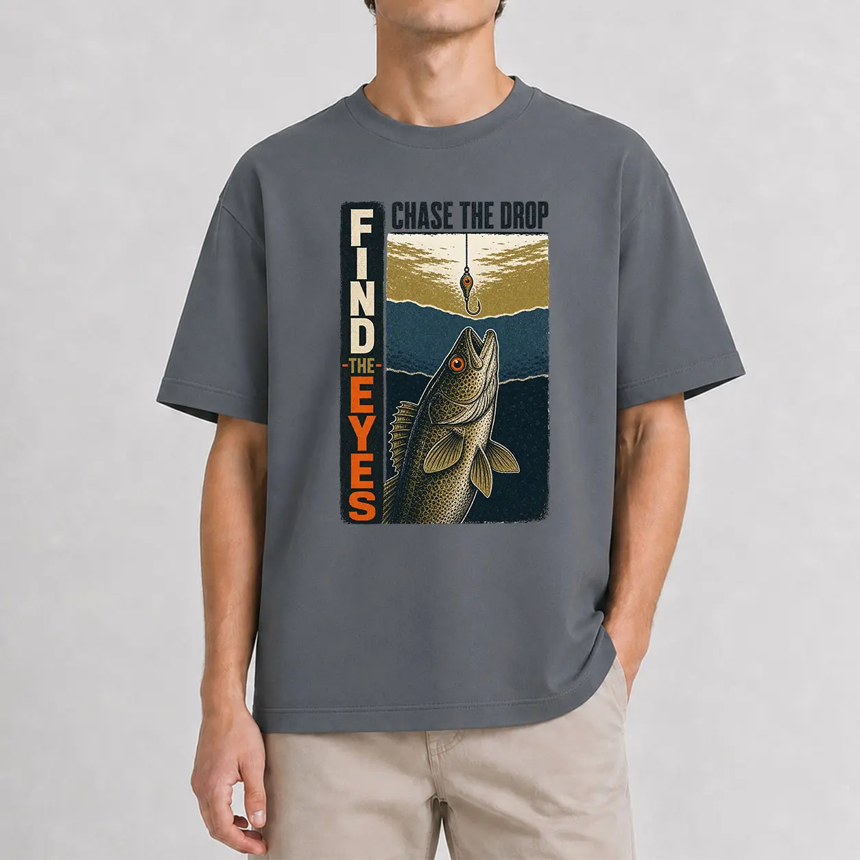 XTAUTO Find The Eyes Chase The Drop Walleye Fishing T-Shirt, Unisex 220G Cotton Crew Neck Tee, Vintage Walleye Jig Lure Graphic,  Casual Outdoor Angler Apparel, Fishing Gift for Men & Women Crewneck