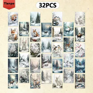Vintage Winter Forest Themed Postcard, 32pcs/set Winter Scenery Pattern Postcard, Wall Decor Card, Message Card, Home Decor Supplies