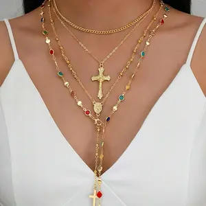 4PCS Layered Gold Cross Necklaces for Women Trendy, Bohemian Bead Pearl Y Long Pendant Necklace Set, Vintage Rosary Necklace Stack Adjustable Length