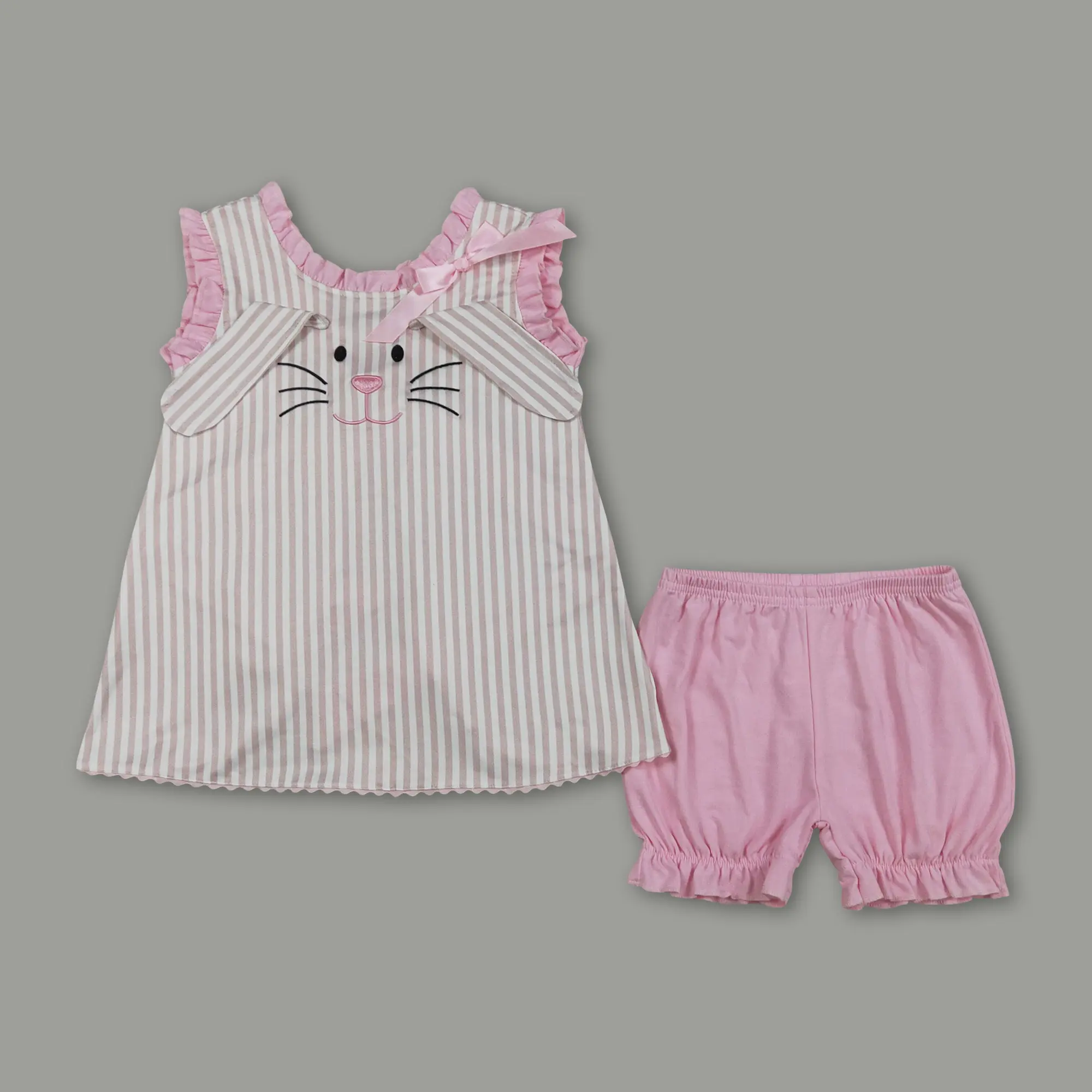 Toddler Baby Girls Clothing, 2-Piece Ribbed Cotton Long Sleeve Top and Flared Pants Set with Cute Rabbit Embroidery for Easter & Spring
