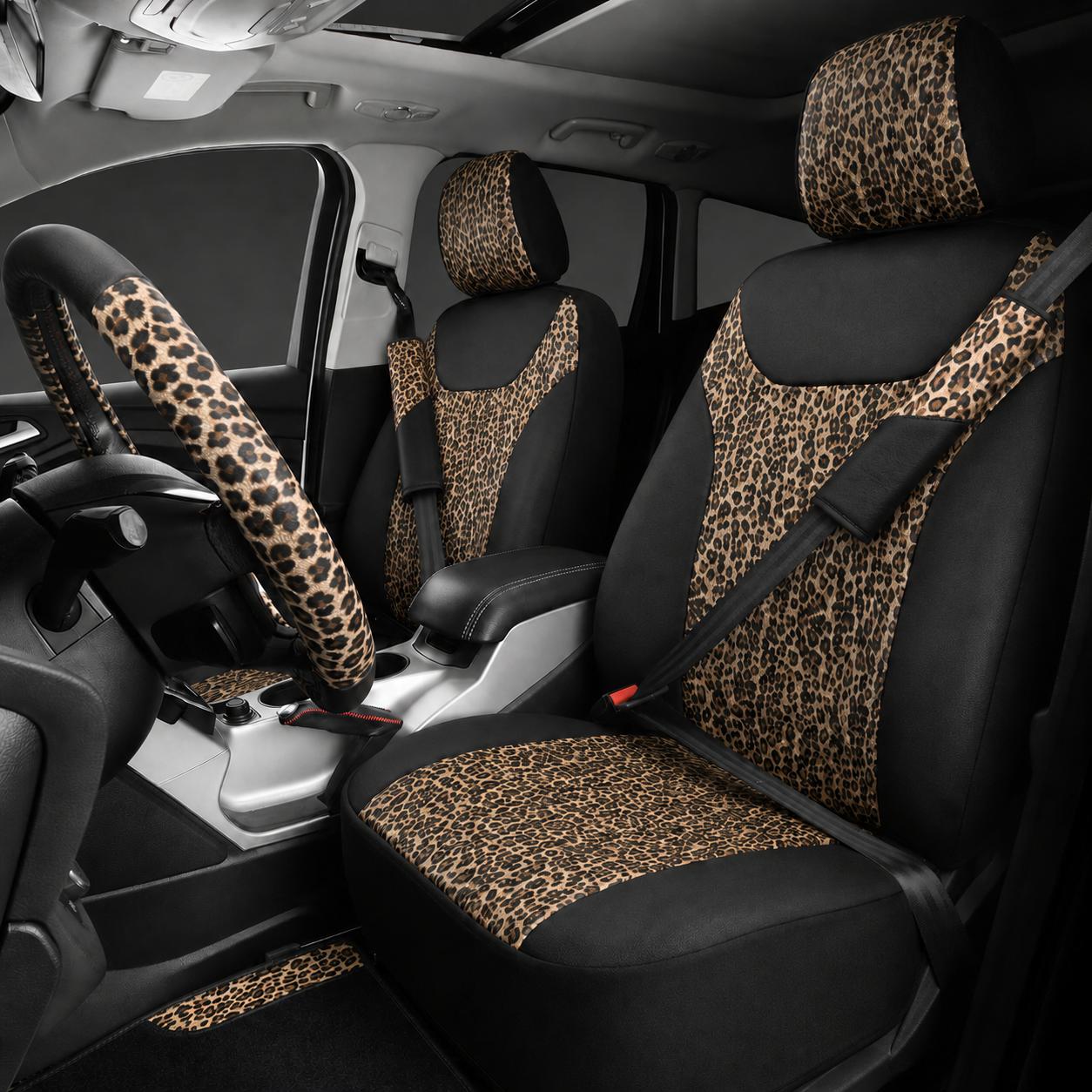 Leopard Print Car Seat Covers Front Seats Set, PU Leather Universal Fit Seat Protector with Steering Wheel Cover, Floor Mats, Seat Belt Pads & Cup Mats, Stylish Auto Interior Accessories for Cars SUV Truck