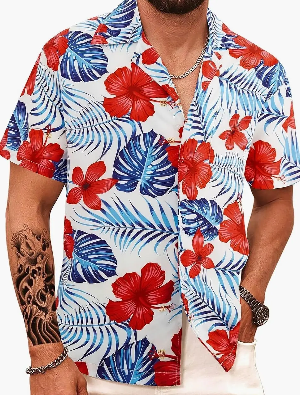 Retro Floral Print Hawaiian Shirt Men Short Sleeve Beach Wear Button Down Gift For Fans, Friends