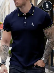 Men's Regular Fit Letter Print Contrast Trim Polo Shirt, Casual Short Sleeve Half Zip Top for Summer, Fashion Men's Clothes for Daily Wear, Menswear
