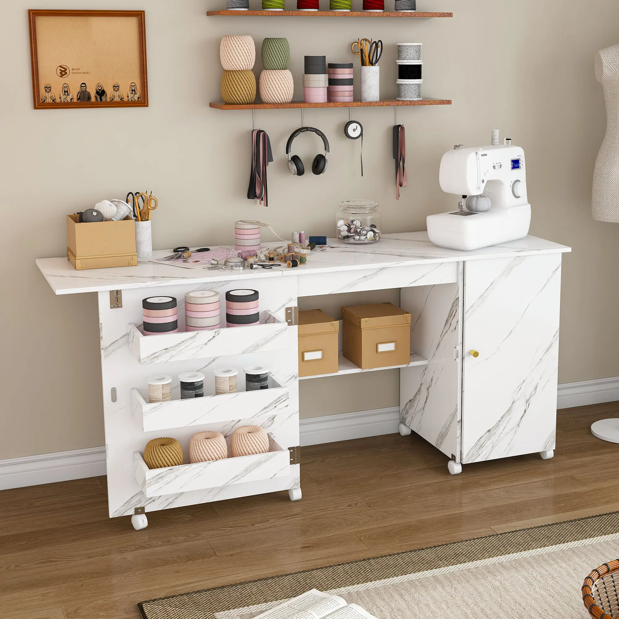 Multifunctional Home Sewing Table - 57.5in Modern White Sturdy Wood Framed Craft Cabinet, Foldable with Locking Casters, Adjustable Design, Multi-Storage Shelves, Bins, Compartments for Home Sewing Supplies Crafts