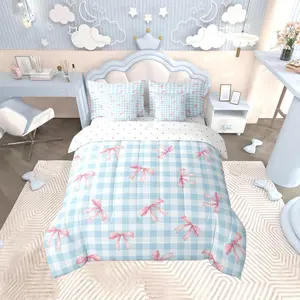 Bowknot Comforter Set with Sheets 7 Piece Full Size Blue Pink Bedding Set for Kids Boys Girls Pink Bow Bed in a Bag Colourful Bowknot Room Microfiber