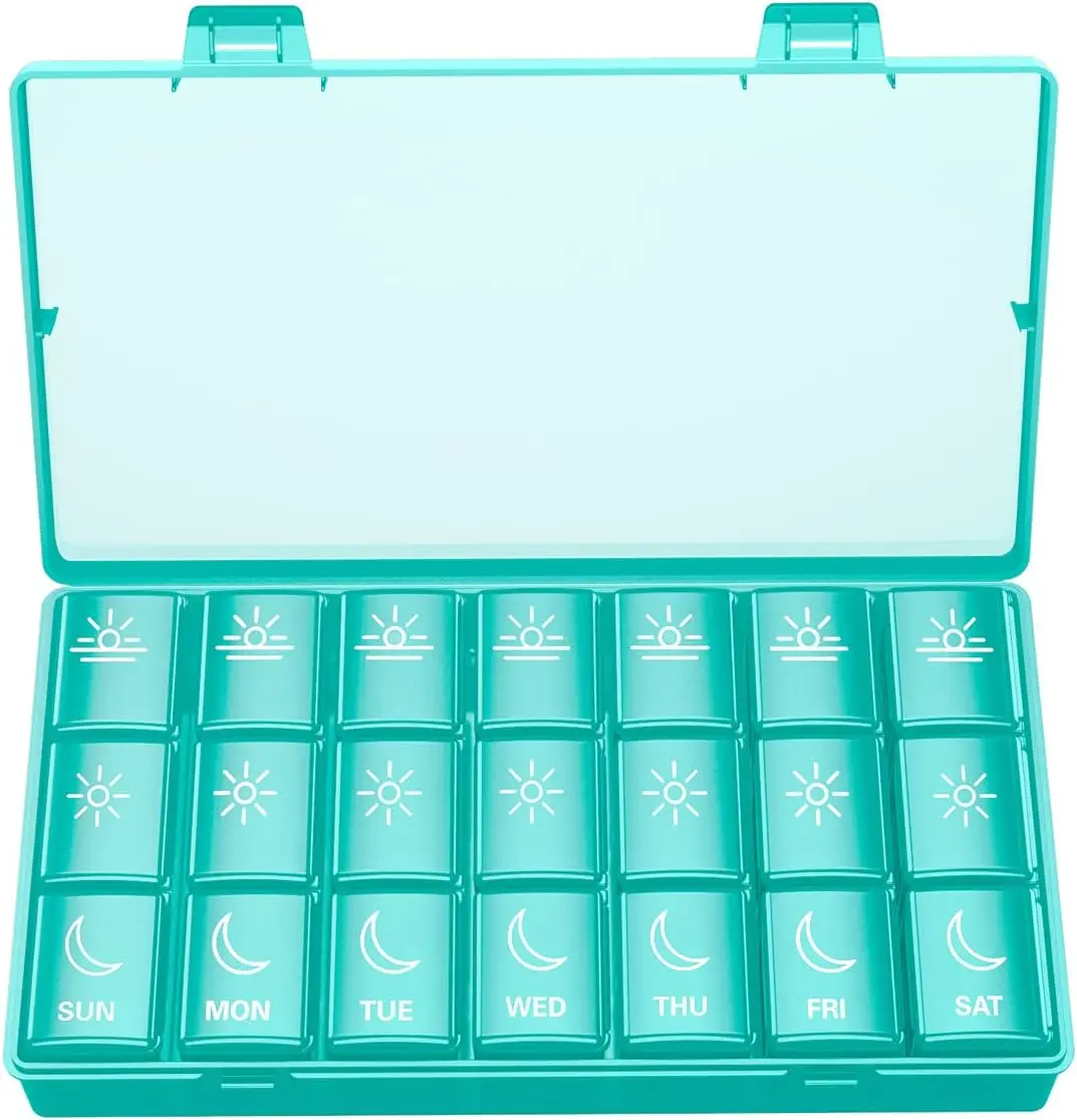3 Times a Day Pill Organizer – 7 Day Weekly Box, Holds 6 Fish Oils per Slot, Snap-Shut Lids, BPA-Free, Travel Ready for Vitamins Supplements Travel Essentials Healthcare Aid Plastic Portable Proteins Calcium