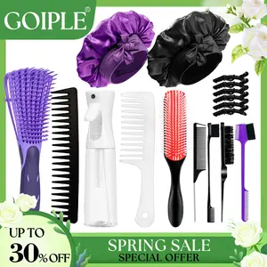 17 Counts Hair Brush Set for Women Men Kids Detangler Brush Wide Tooth Comb Nylon Bristle 9-Row Brush Satin Bonnet Edge Brush Black & Purple