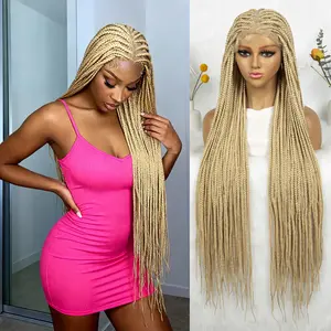 FUll Lace Braided Wigs for Black Women Cornrow Box Braid Wigs with Baby Hair gold Lightweight Synthetic (36 inches)