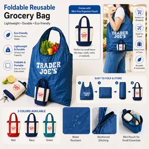 3pcs-1pc-Foldable Reusable Grocery Bag with Mini Tote Organizer Pouch, Lightweight Shopping Bag for Women, Portable Eco Tote with Small Canvas Insert for Travel, Storage and Daily Use