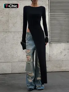 Women's Plain Basic Asymmetrical Split Hem Longline Top, Elegant Casual Slim Fit Long Sleeve Top for Spring & Fall, Women's Clothing for Daily Wear