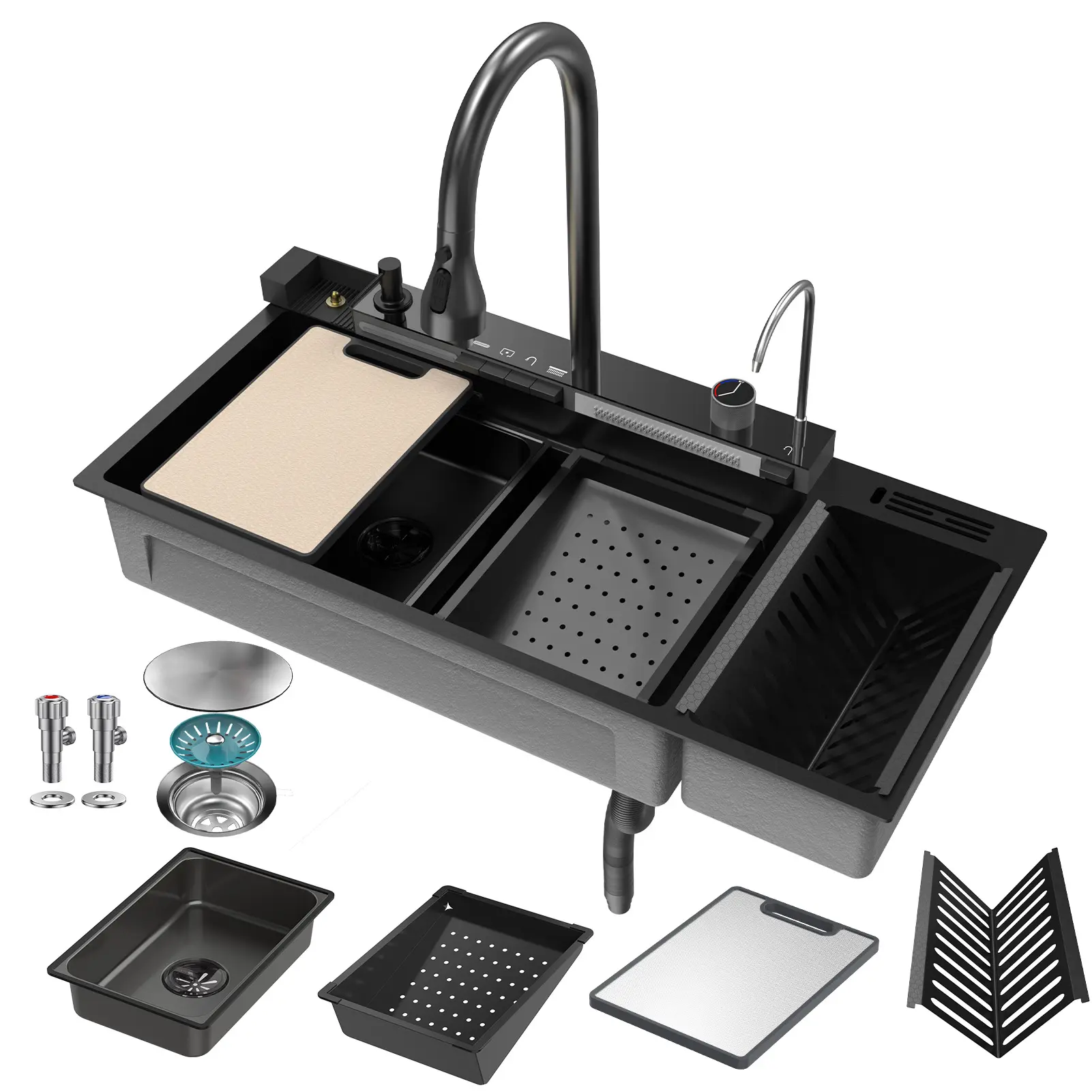 Huxhwsi Black Waterfall Kitchen Sink, Handmade 16-Gauge Stainless Steel Single Bowl Workstation Sink, Drop-In Installation