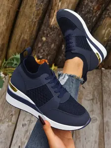 Women's Breathable Flyknit Thick Sole Sports Shoes, Lace-Up Casual Height Increasing Sneakers, Available in Three Colors