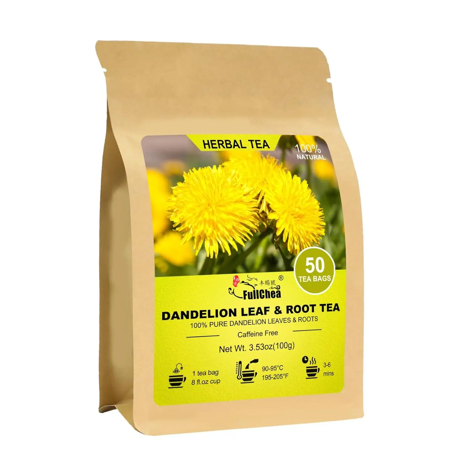 FullChea Organic Roasted Dandelion Leaf & Root Tea Bags (50 Count) - Antioxidant Rich, Caffeine-Free Herbal Tea, Liver-Kidney Health & Digestion Support, 24-Month Shelf Life, Ready-to-Mix Beverage