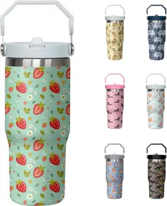 30oz Strawberry Tumbler with Handle and Flip Straw, Stainless Steel Insulated Cup, Travel Coffee Mug Water Bottle, Birthday Mothers Day Chritmas Gifts for Women Animal Lovers
