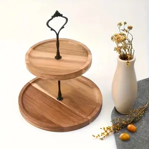 1-piece Double-layer Walnut Wood Dessert Stand | Round Cake Fruit Plate, Ideal for Birthdays, Tea Breaks, Weddings, and Family Gatherings, Perfect for Restaurants, Bars, and Parties