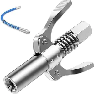 Double Handle Grease Gun Coupler 10000 PSI, Quick Lock & Release, with 12" Spring Flex Hose, Fits All Grease Guns 1/8" NPT, Heavy Duty Grease Tip, 1PC