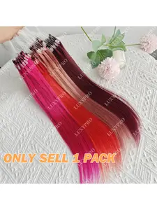 50 Strands Red Invisible Nano Bead Micro Ring Hair Extensions for Women & Men, 30.48-50.8 cm Straight Hair with Y2K Highlight Colors (Blue/Purple) for Daily Wear, Parties, Cosplay, Dress-Up Wig - Matching Hairpiece for Skin Tones