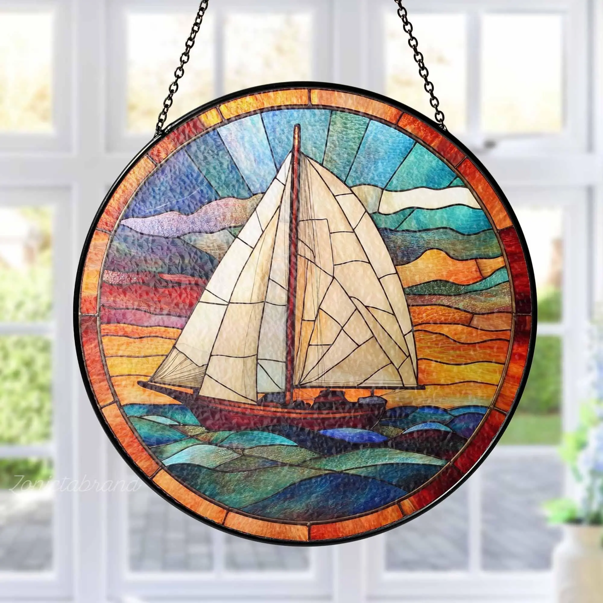 [Made in US] Sailboat Painted Stained Glass Suncatcher, Ocean Seascape Window Hanging, Nautical Ornament Gift for Coastal Decor