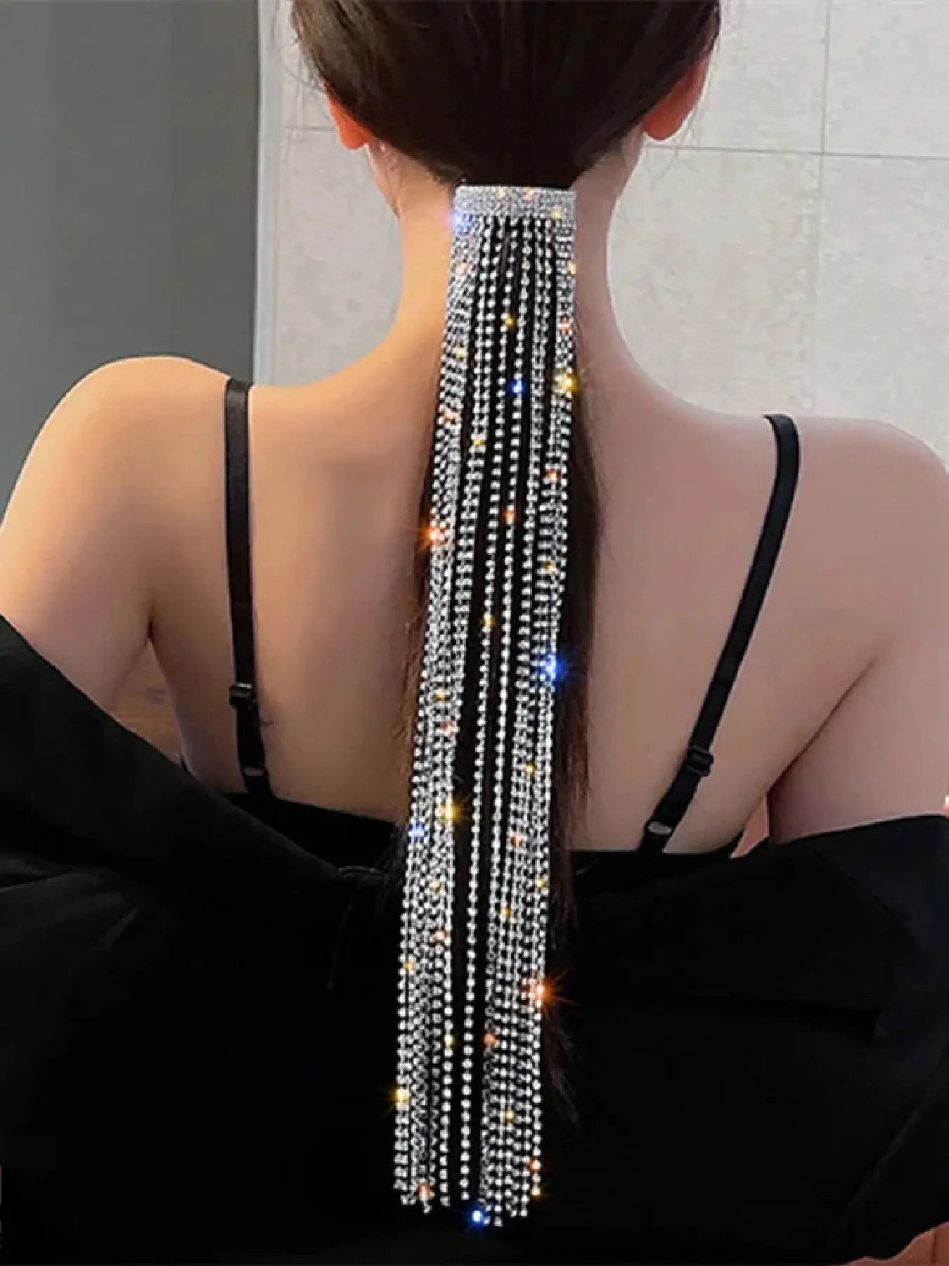 Shiny Silver Color Geometric Long Fringe Rhinestone Hair Clip, Rhinestone Hair Accessories for Women, Perfect for Bridal Wedding Evening Party Festive Wear Updo