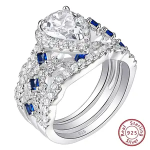 3 Pcs Wedding Rings Set for Women Engagement Ring 925 Sterling Silver Water Drop Lab Sapphire White and Blue CZ Gemstone  QR9415 #Love Story