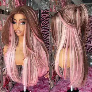 BrownBomb Gluleless Calico Synthetic Lace Front Layered Wig Neapolitan Alt Hair Color Pre-plucked Pre-cut HD Lace 26 Inch Middle Part Heat Resistant Fiber With Bangs Natural Hairline  3 Seconds Wear for Holiday gifts and Vacations Daily Use.