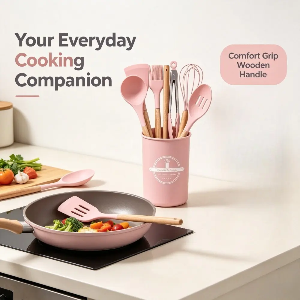 11pcs wooden handle silicone kitchen utensil set (with bucket), non stick pot specific cooking tools, spatula, spoon, strainer, egg beater set, versatile kitchen tools for baking and frying, machine washable household kitchenware gift set