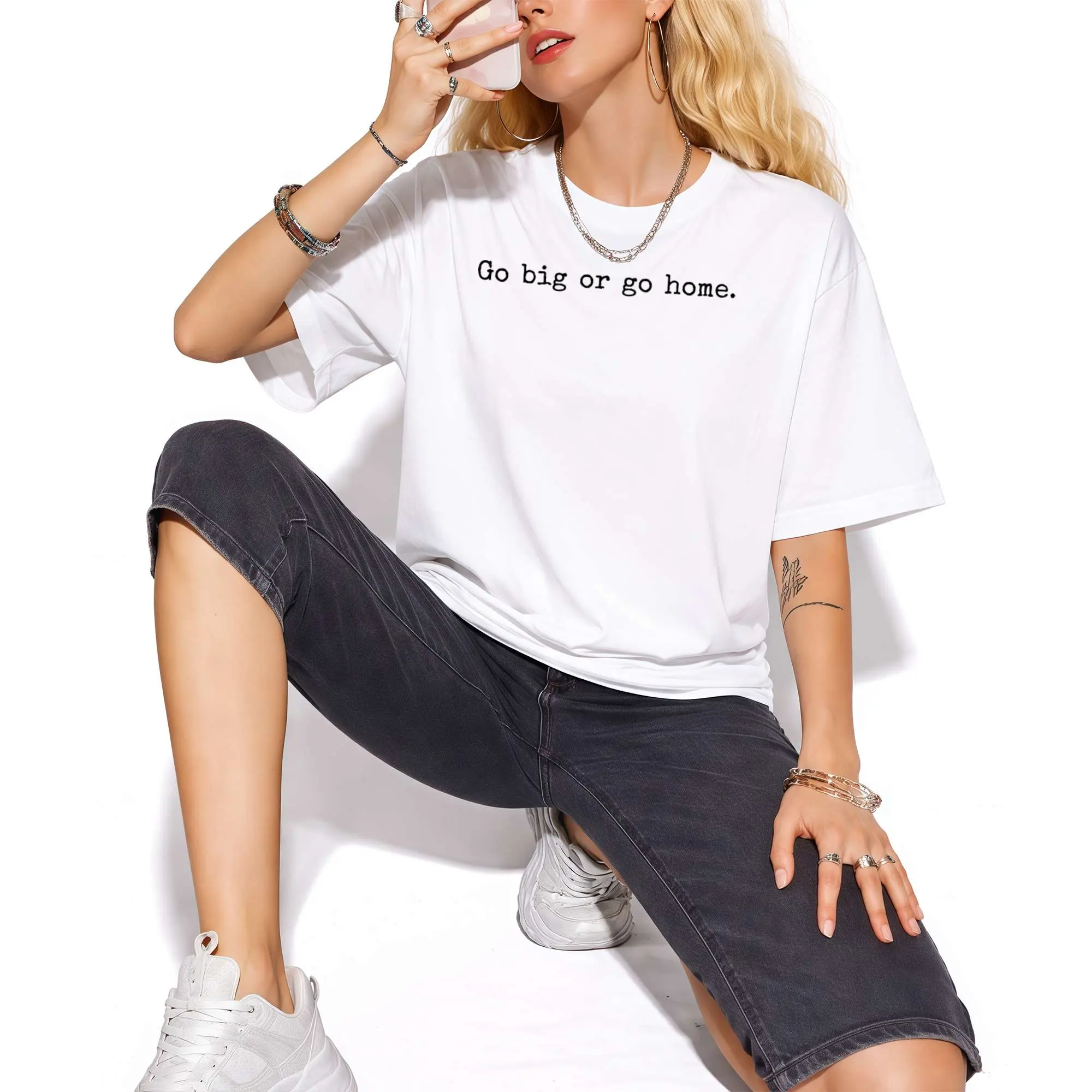 Minimal Typewriter Font Front Print T-shirt Featuring Classic Motivational Idiom Go big or go home Relaxed Short Sleeve T-shirt For Office Daily Casual Layered Outfits